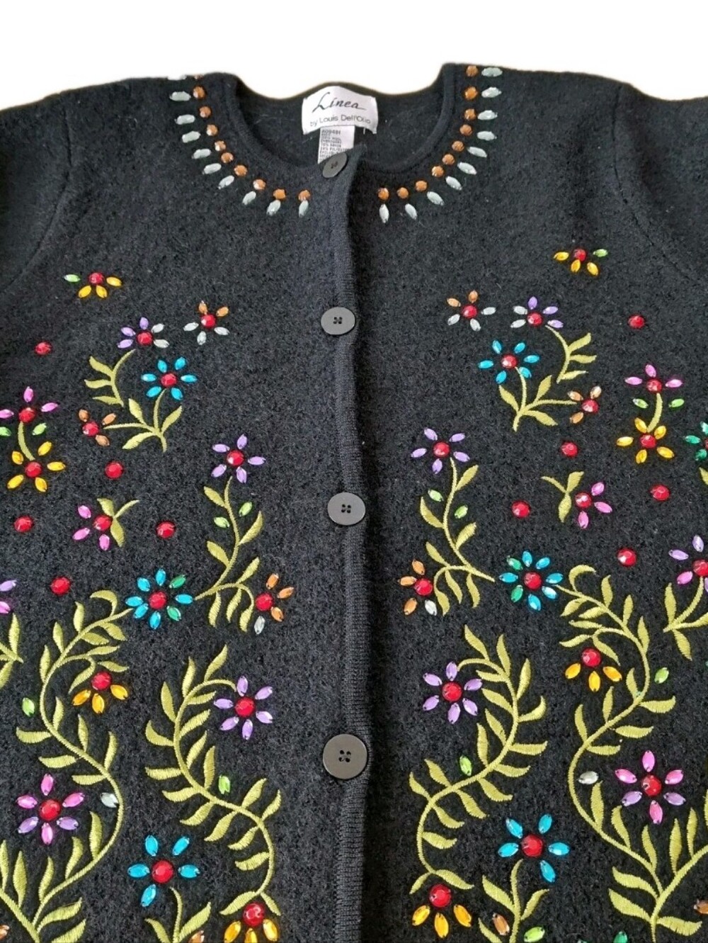 Vtg Linea Woman Med Wool Cardigan Sweater Jeweled Embellished Floral Cottage Nwt